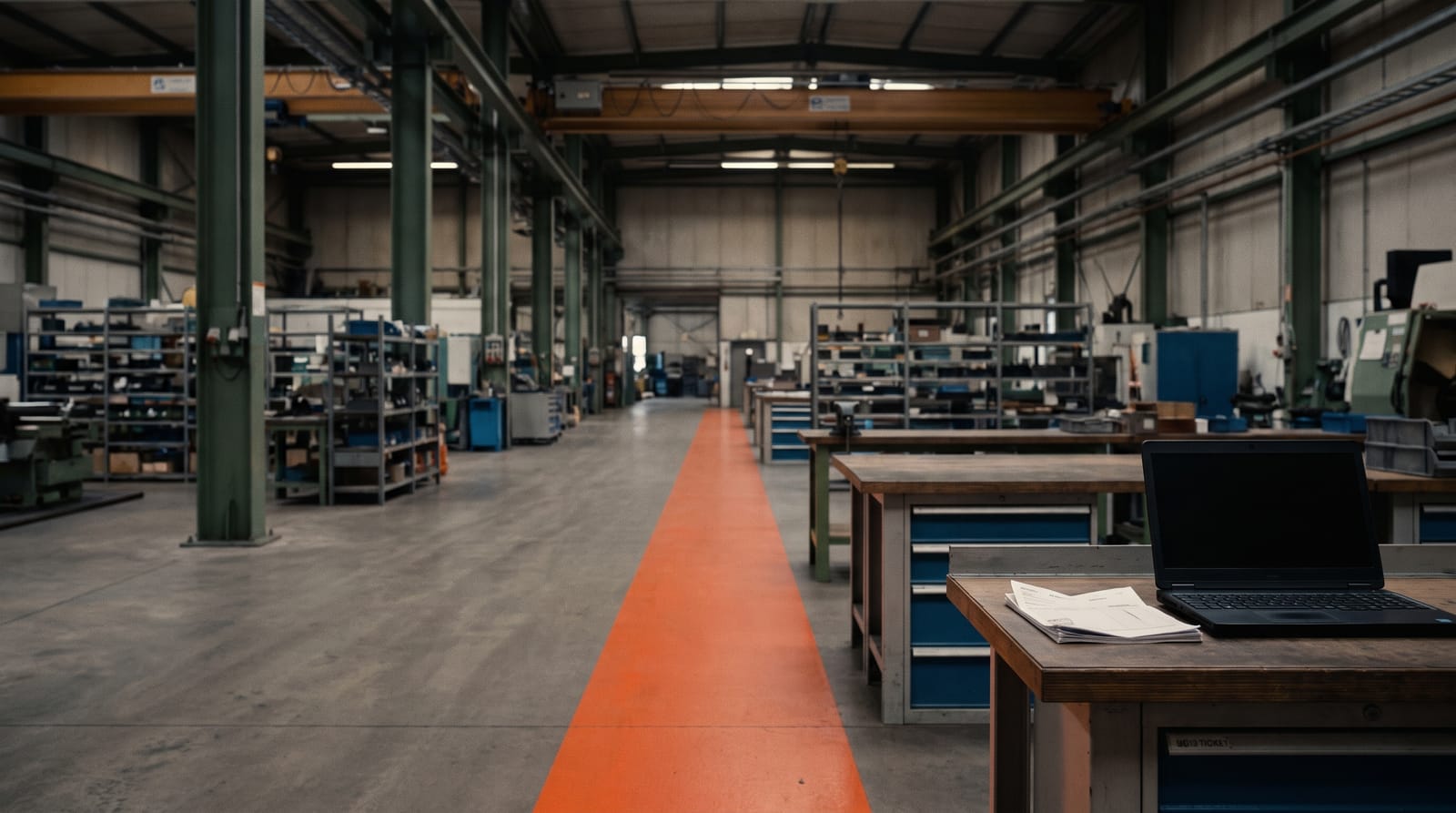 A fabrication floor with an orange safety line running down the aisle