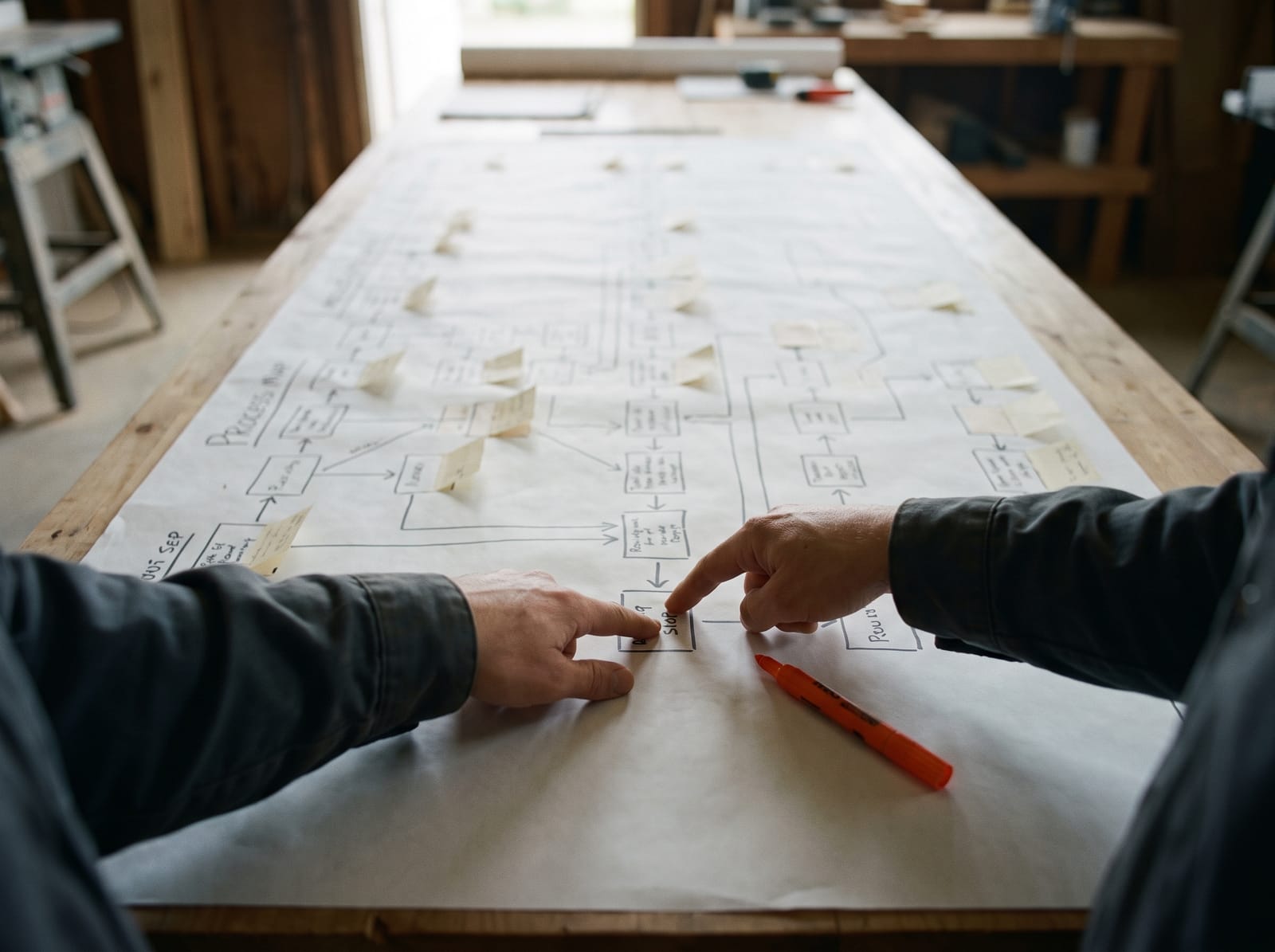 Hands tracing a hand-drawn process map on a workshop table