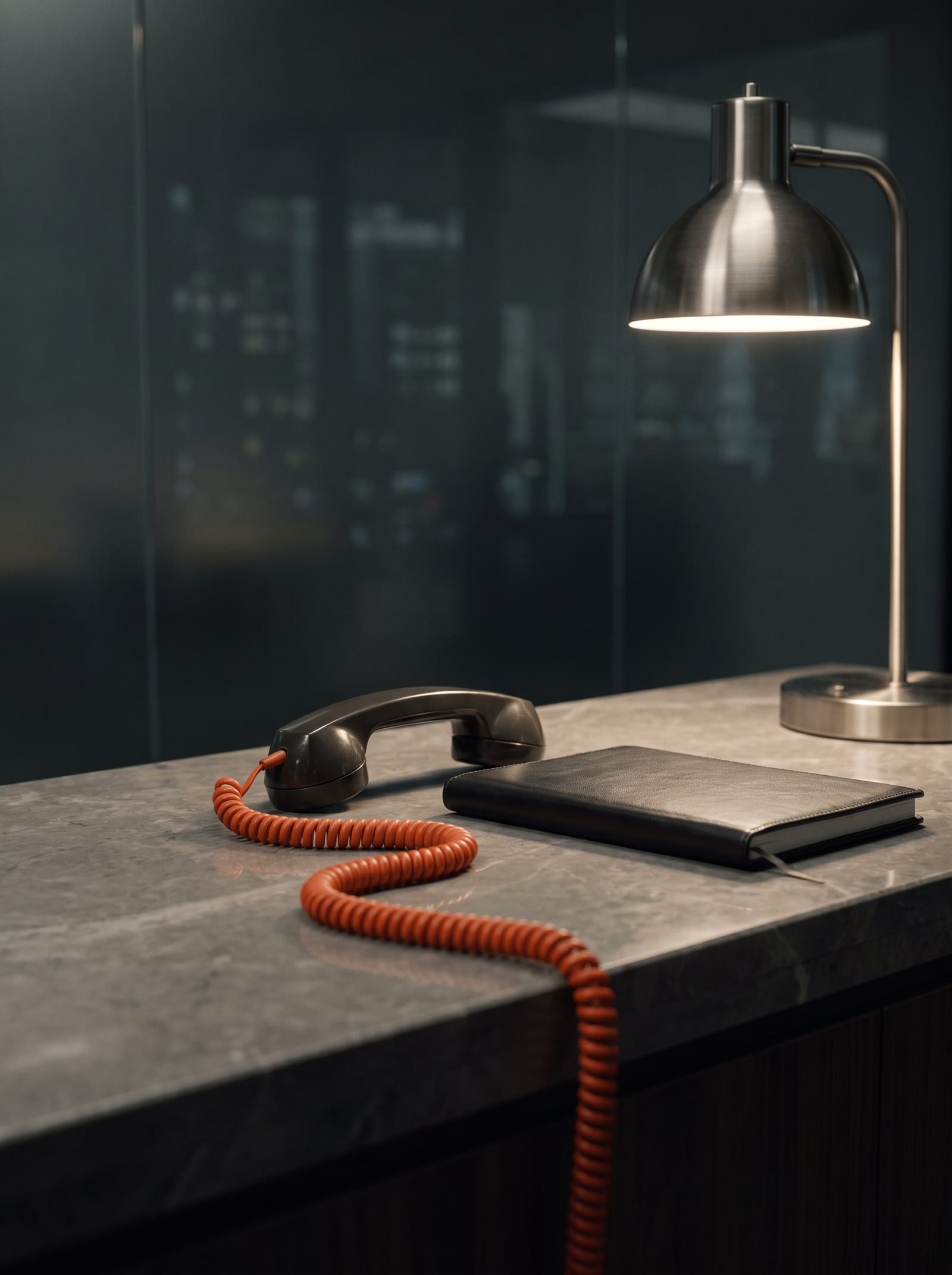 A desk telephone handset resting beside a notebook on a limestone counter